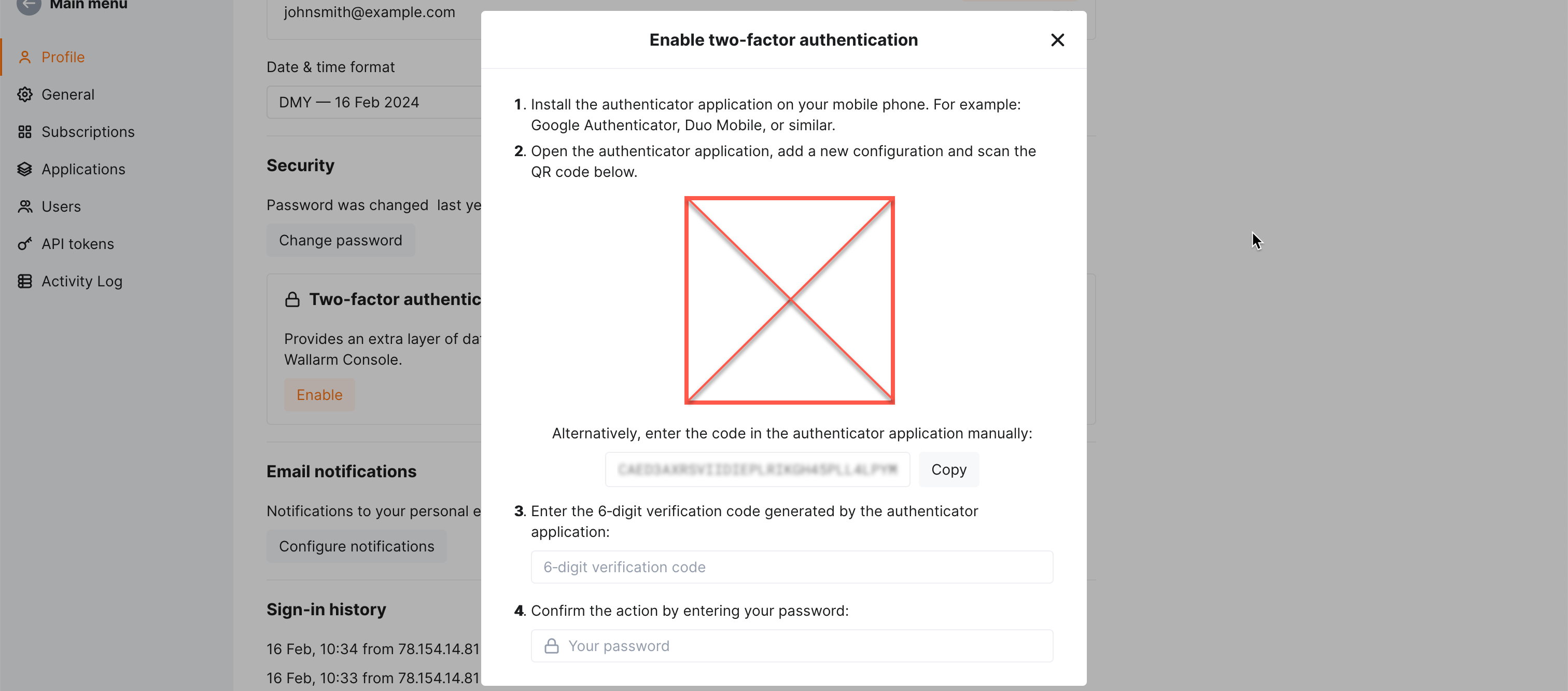 Two-factor authentication page overview